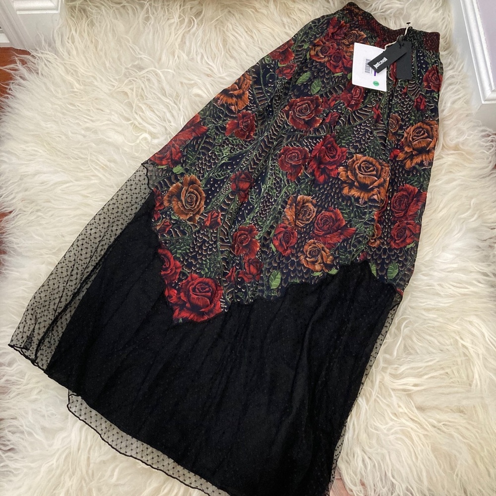 Just Cavalli Black Midi Dress with Red & Brown Rose Print NWT - Picture 2 of 8